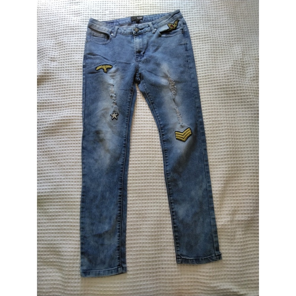 Hype Jeans Womens size 11 Medium Wash Distressed Patches